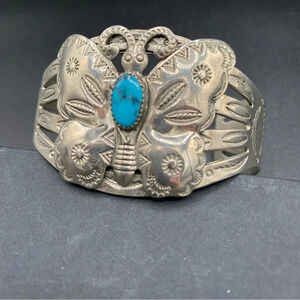 Vintage Southwest Style Silver Butterfly and Turquoise Wide Cuff Bracelet